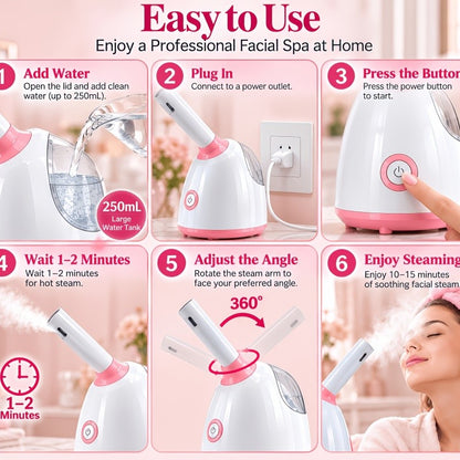 At-Home Facial Steamer Options for Personal Skin Care, Portable, Upgraded and Flagship Models with Listed Rotatable Arm and Accessory References