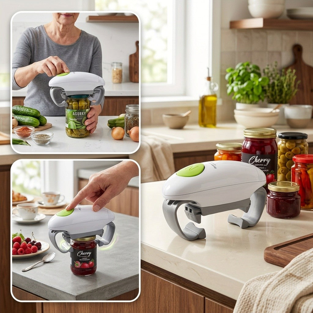 Electric Jar Opener with One-Touch Operation and Auto-Off, Cordless AA Battery-Powered Lid Opening Tool in Black-White for Everyday Kitchen Meal Preparation