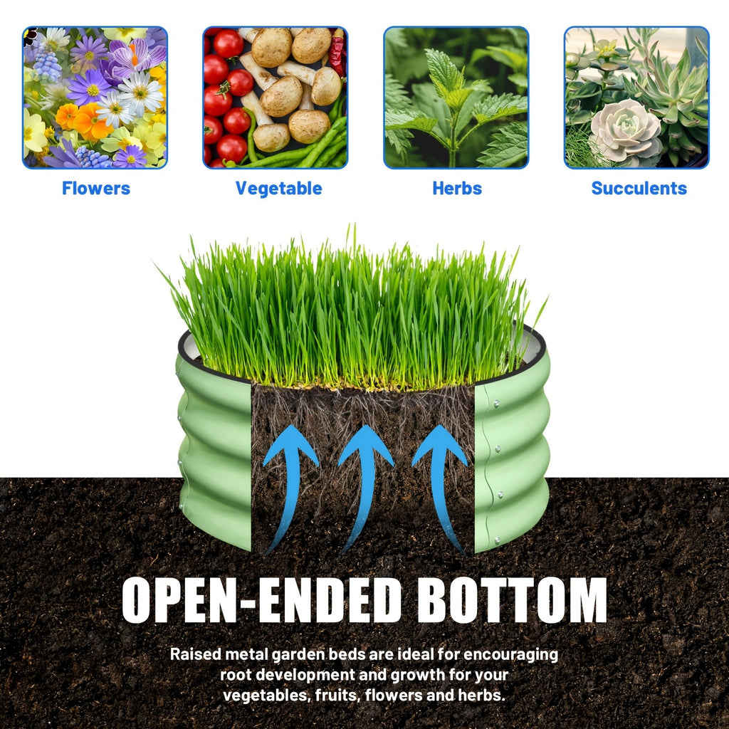 Compact Steel Raised Garden Bed Set with Three Open-Bottom Planters, Rubber Top-Rim Strips and Approximate 2x2x1ft Size in Green, Orange or Blue