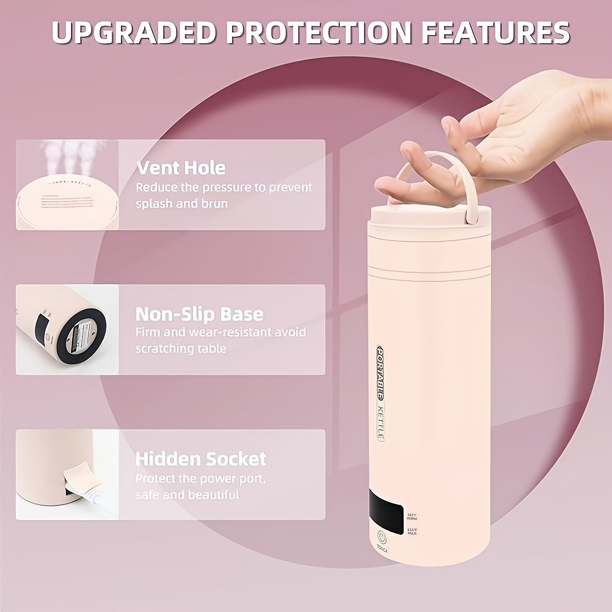 Mini Travel Electric Kettle with Four Temperature Settings and Listed 304 Stainless Steel, Auto Shut-Off and Boil-Dry Protection, White with Sleeve and Pink Sleeve Options