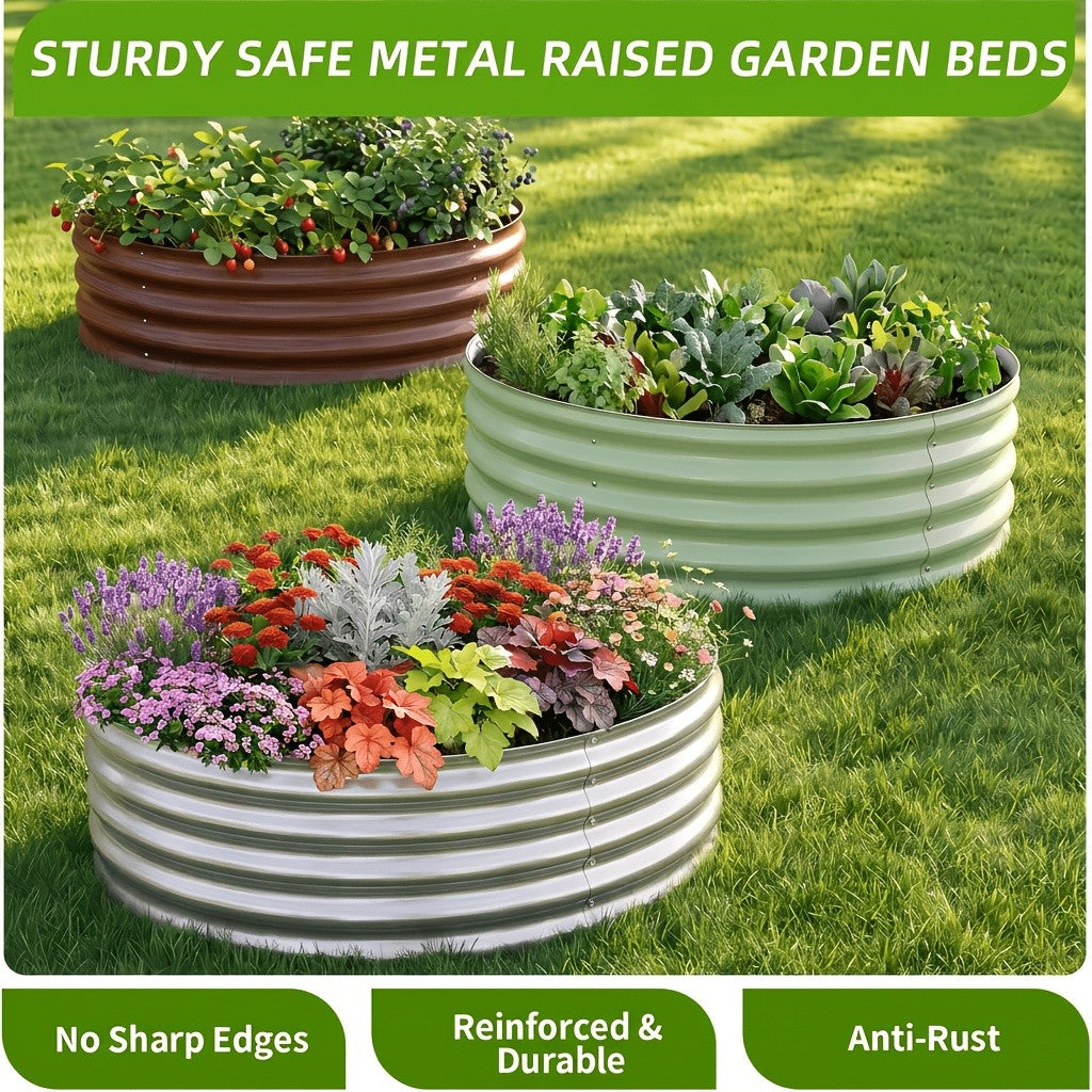 Galvanized Garden Planter Set with Listed Shovel, One or Two Metal Raised Beds with Oval or Round Design References for Outdoor Vegetable Gardening