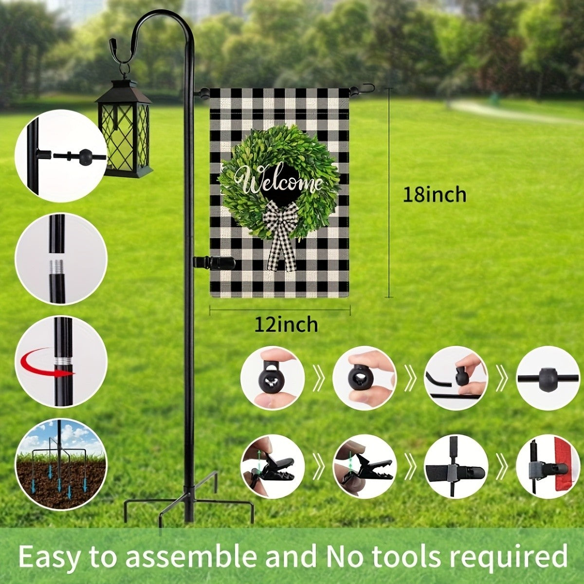 48-Inch Garden Flag Stand with Shepherd Hooks and Four-Claw Base, Holder for Small Flags up to 12 x 18 Inches, Yard Decor Support, Flags and Lanterns Not Included