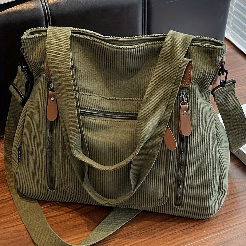 Retro Workwear Corduroy Handbag with Multiple Pockets, Women's Adjustable-Strap Shoulder and Crossbody Bag in Black, Grey or Green for Daily Commuting