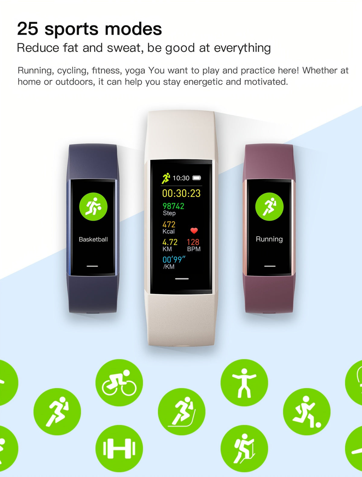 Fitness Tracker Bracelet with 1.1-Inch AMOLED Touch Screen, 25 Sport Modes, Sleep Tracking and Custom Watch Faces for Women and Men