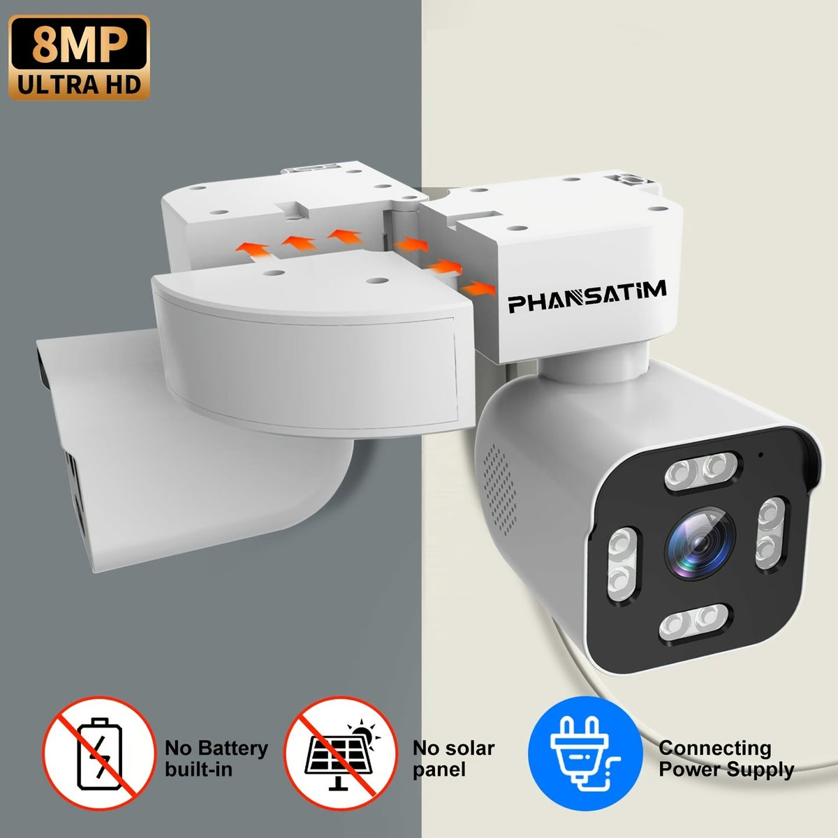 Corner Mount Security Camera by PHANSATIM, 8MP Dual-Lens PTZ with Color Night Vision, WiFi or Wired Network Connection and Wired Power for Indoor Outdoor Use