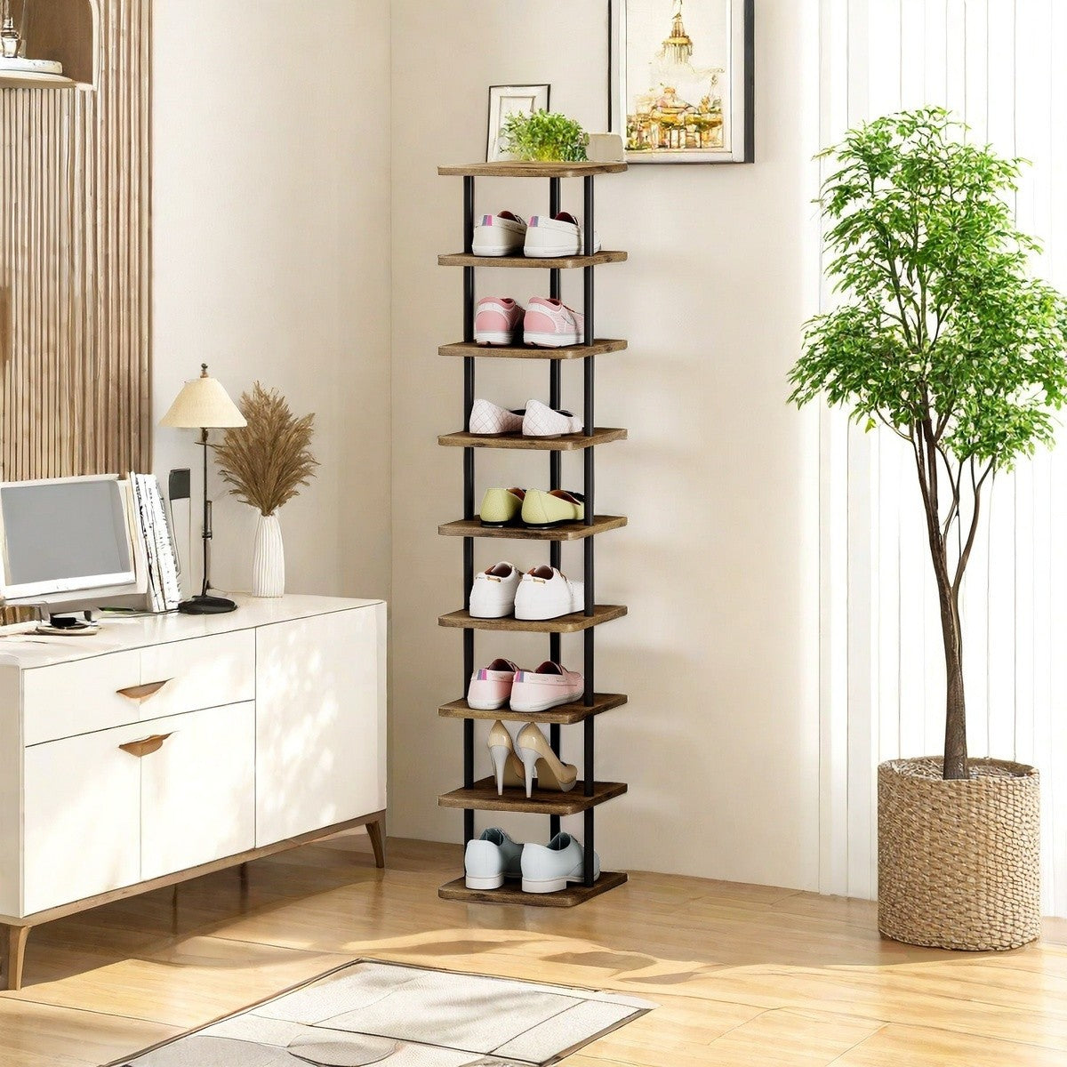 9-Tier Vertical Shoe Tower in Black with Narrow Freestanding Design and Removable-Layer Reference for Footwear Storage in Closets, Entryways and Bedrooms