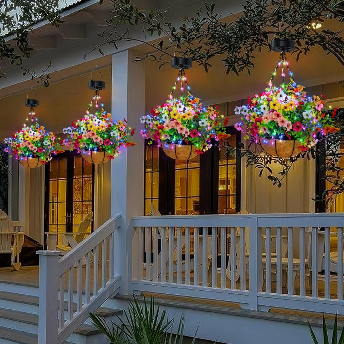 Solar Hanging Flower Baskets, Artificial Floral Decor with Coco Coir Liner and Listed 10-Inch Size, Multicolor Selection Labels for Porch and Patio Displays