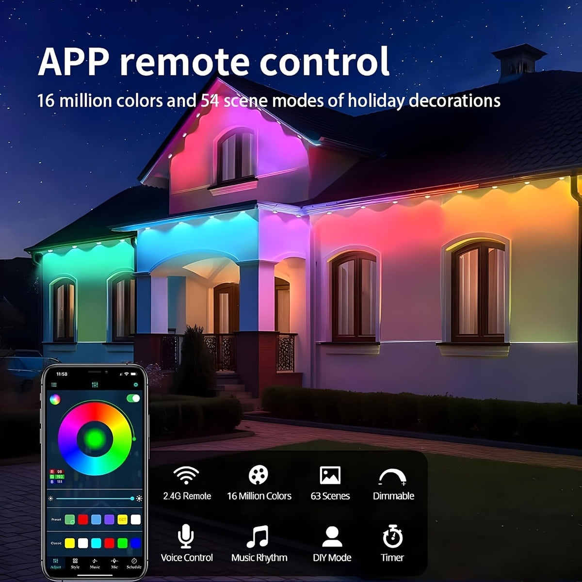 RGB Multicolor Eaves Lights with App and Remote Control, Music Sync, Timer and Dimming, 49ft, 100ft or 200ft for Outdoor Holiday House Decor