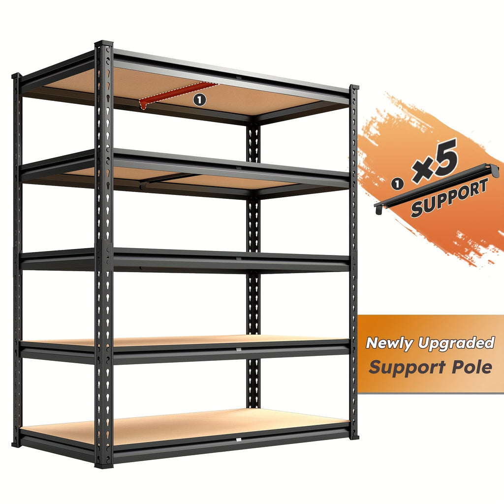 Five-Tier Garage Storage Shelving with Adjustable Shelf Heights, Listed 72-Inch Metal-Frame Rack in Black or Galvanized Options for Pantry and Basement Organization