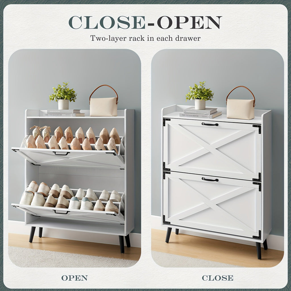Shoe Storage Cabinet for Entryway and Hallway Organization, Black Upgrade or White Two, Three and Four-Door Options with Listed Flip-Drawer Storage Features
