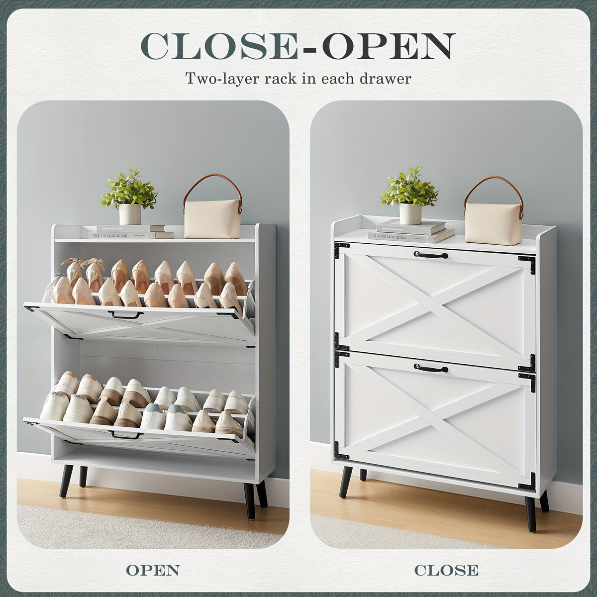 Shoe Storage Cabinet for Entryway and Hallway Organization, Black Upgrade or White Two, Three and Four-Door Options with Listed Flip-Drawer Storage Features