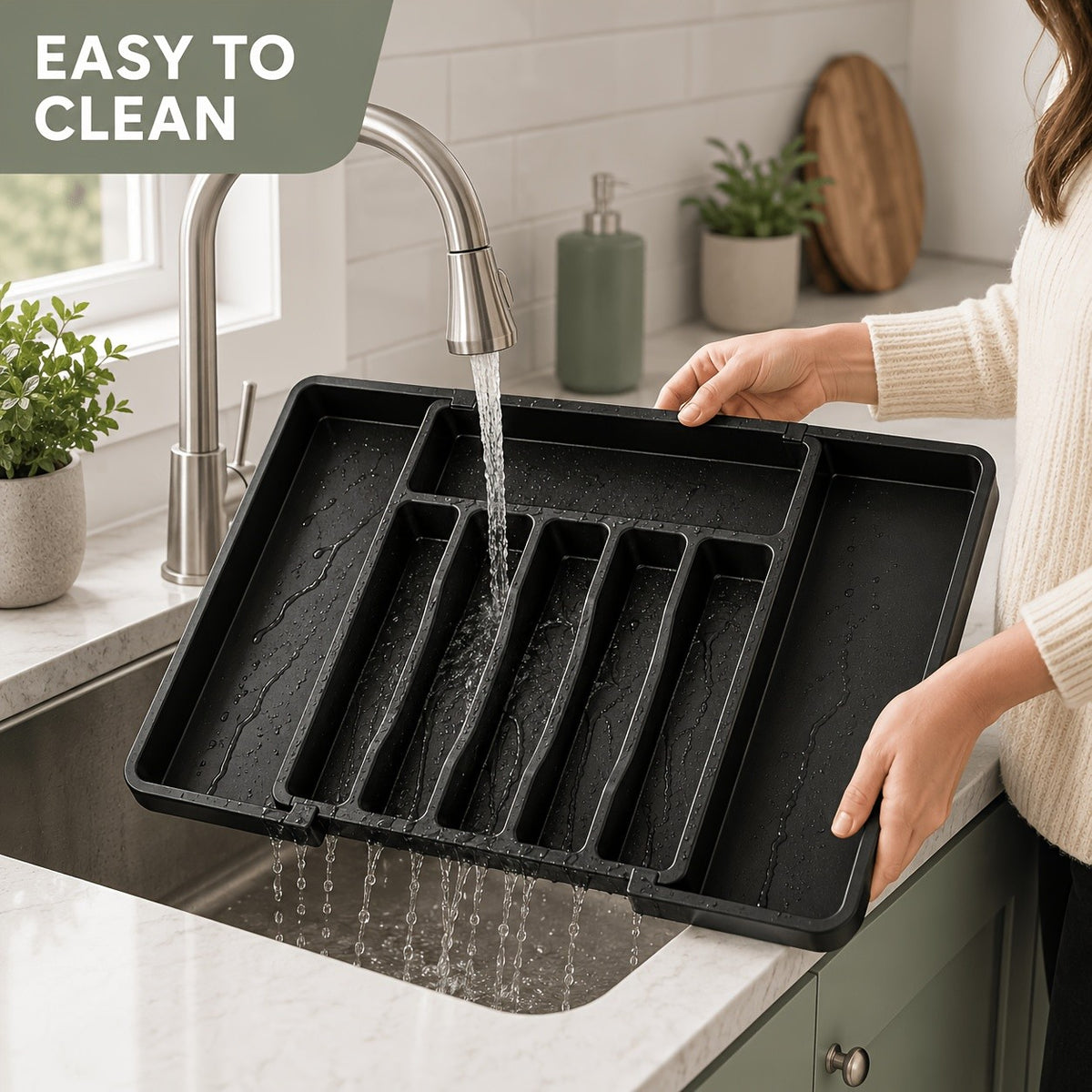 Expandable Silverware Drawer Organizer, BPA-Free Adjustable Plastic Cutlery Tray in Black or White for Kitchen Spoon, Fork and Knife Storage