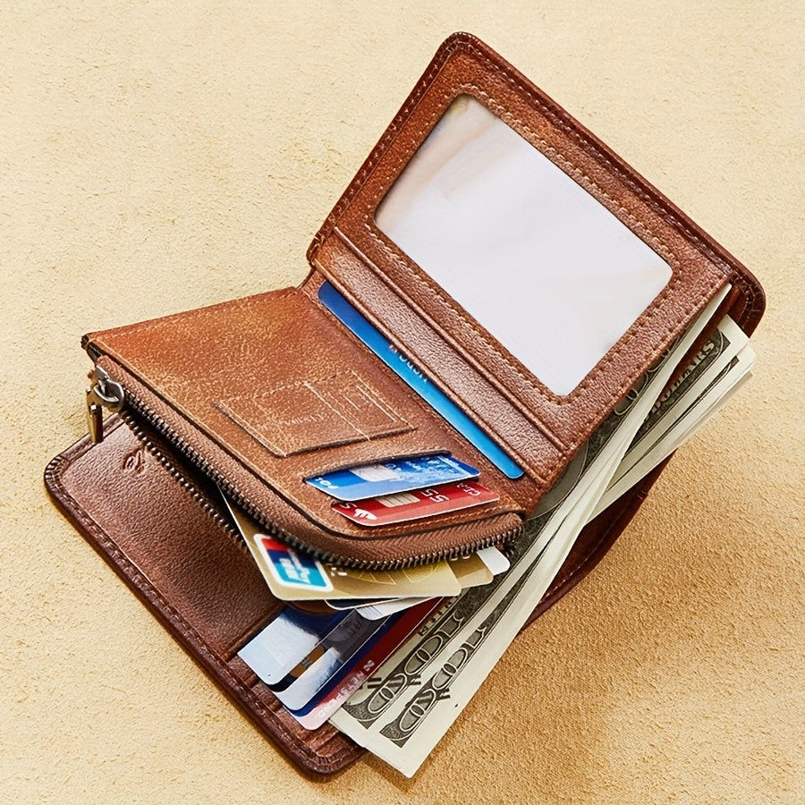 Trifold Leather Wallet for Men with Eight Card Slots, Two ID Windows, Coin Pocket and Two Banknote Sections, Yellow Brown, Black or Coffee Color for Daily Carry