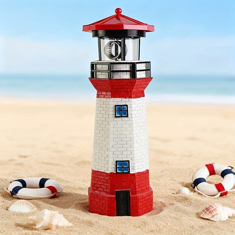 Rotating LED Solar Lighthouse with Built-In Solar Panel and Automatic Night Lighting Wording, Upgraded Model Label for Nautical Garden and Patio Decoration