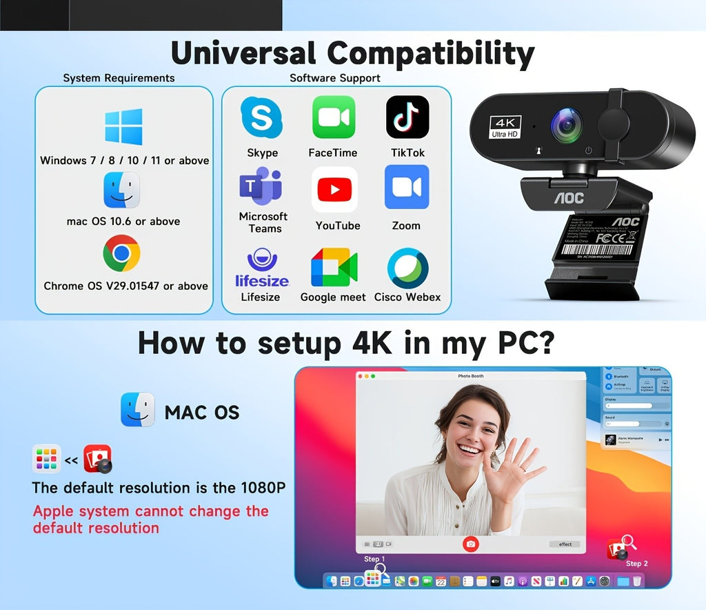 AOC 4K USB Webcam in Starry Black with Microphone, Noise Cancellation, Privacy Cover and 99 Degree Field of View for PC Meetings and Live Streaming