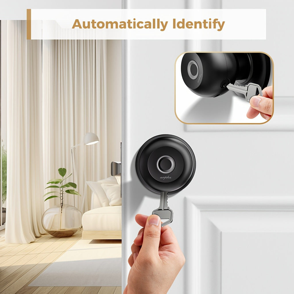 Replaceable-Battery Smart Door Knob by Arpha in Black with Listed Fingerprint, Passcode, Tuya App and Physical Key Access, Passage and Privacy Modes, Battery Excluded