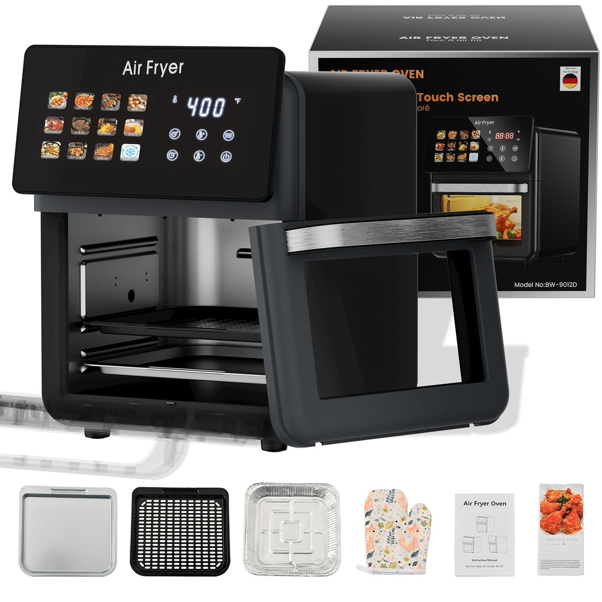 12-in-1 Air Fryer Oven and Grill Combo with Listed 2.64gal Capacity, Glass Viewing Window, Nonstick Basket and Removable Door in Beige or Black