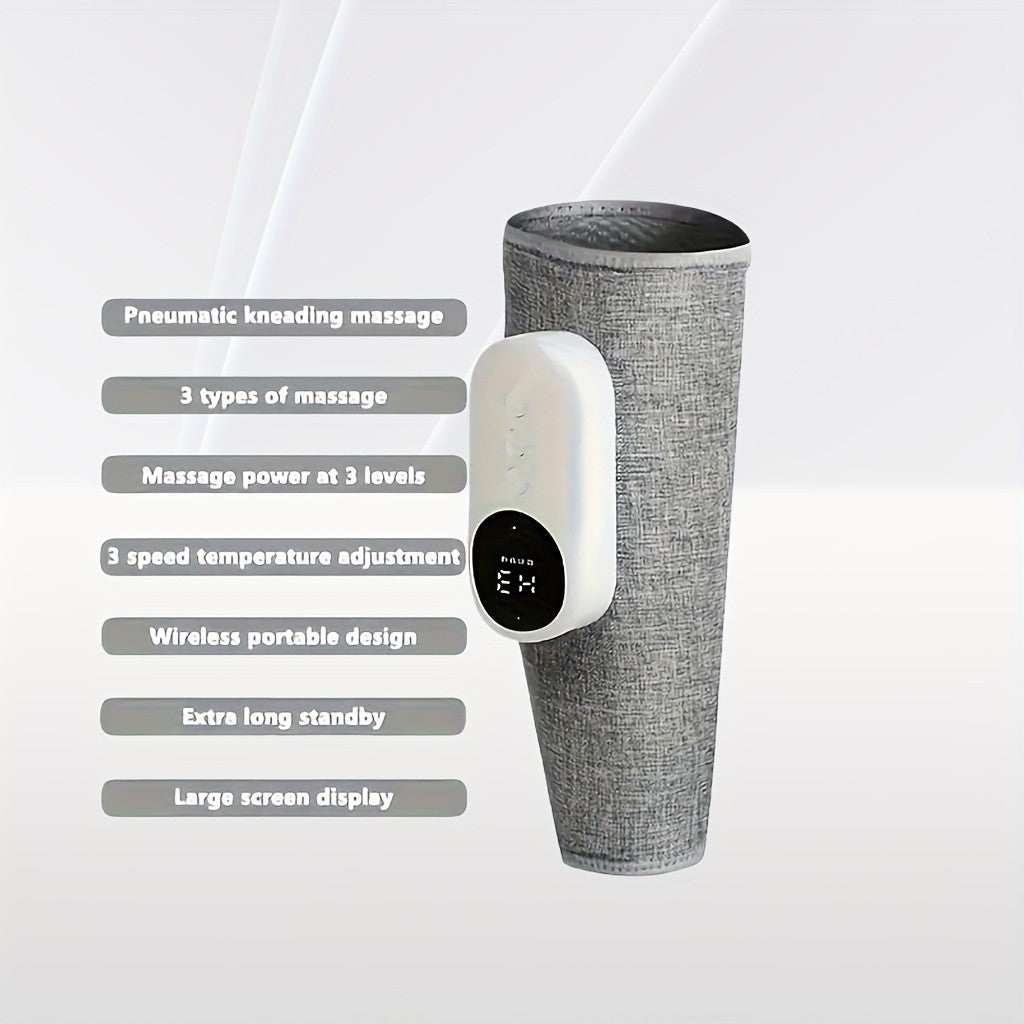 Grey Rechargeable Compression Leg Massager, One-Piece USB-Charging Device with Listed 2000mAh Battery, Three Intensity Levels and Three Temperature Settings
