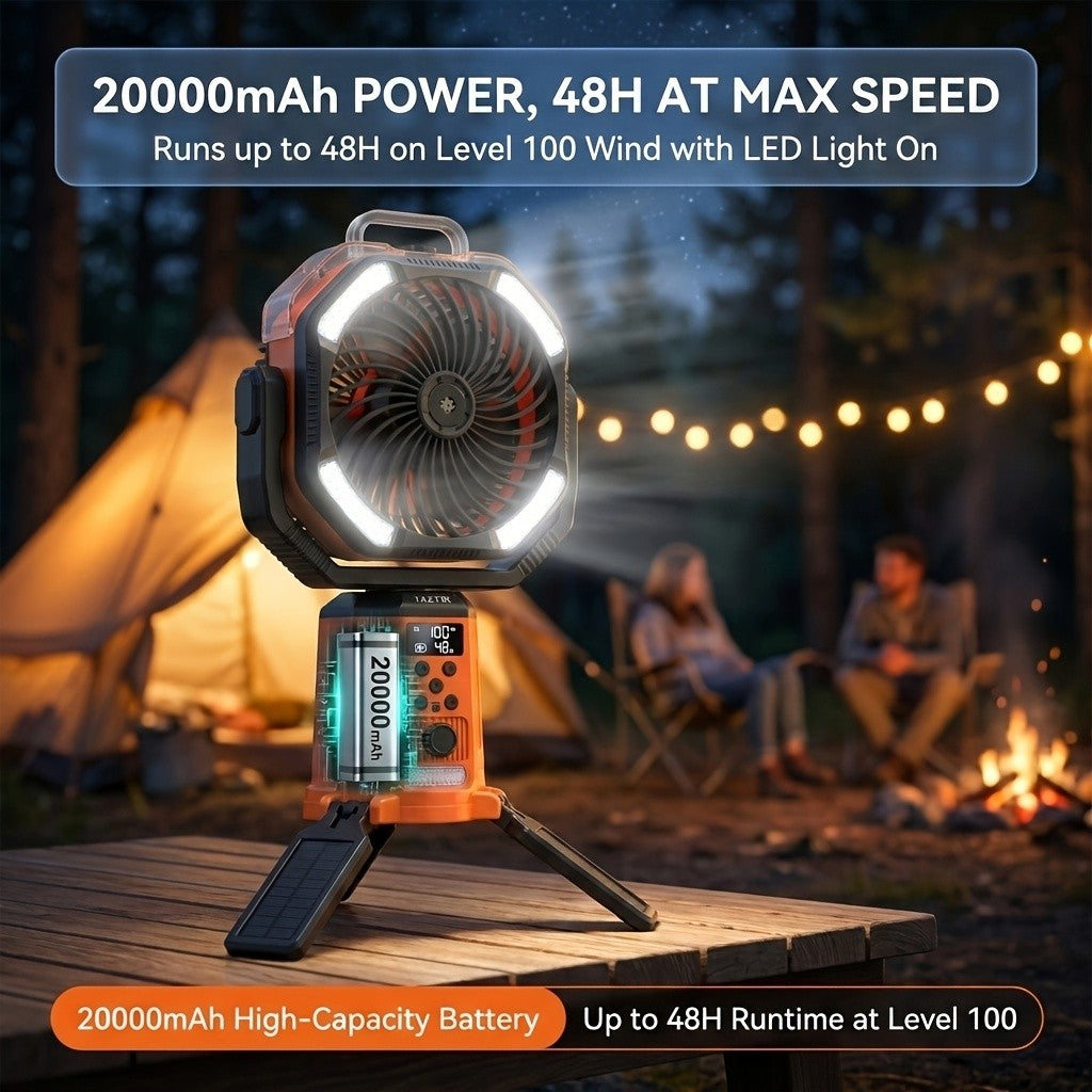 Dual-Motor Camping Fan with Listed Remote Control, 1–100 Speed Adjustment and Oscillation, Classical, Mist and Solar Option Labels for Tent and Outdoor Airflow