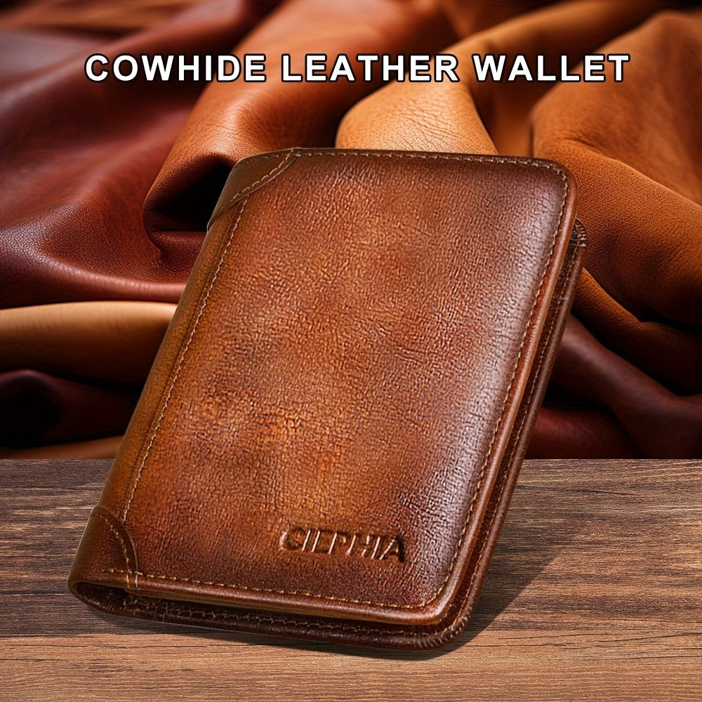 Men's Vintage Wallet and Card Holder Options, Bifold, Trifold and Eight-Card-Slot Styles in Brown, Coffee, Black or Blue for Everyday Carry and Gifts