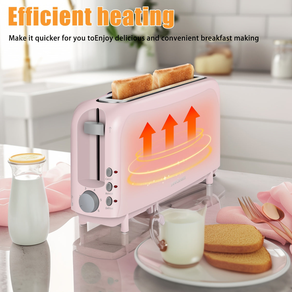 Slim Long Slot Toaster by SEEDEEM, 2-Slice 750W Breakfast Toaster with 1.45-Inch Wide Slot, 6 Shade Settings, Reheat, Defrost and Crumb Tray