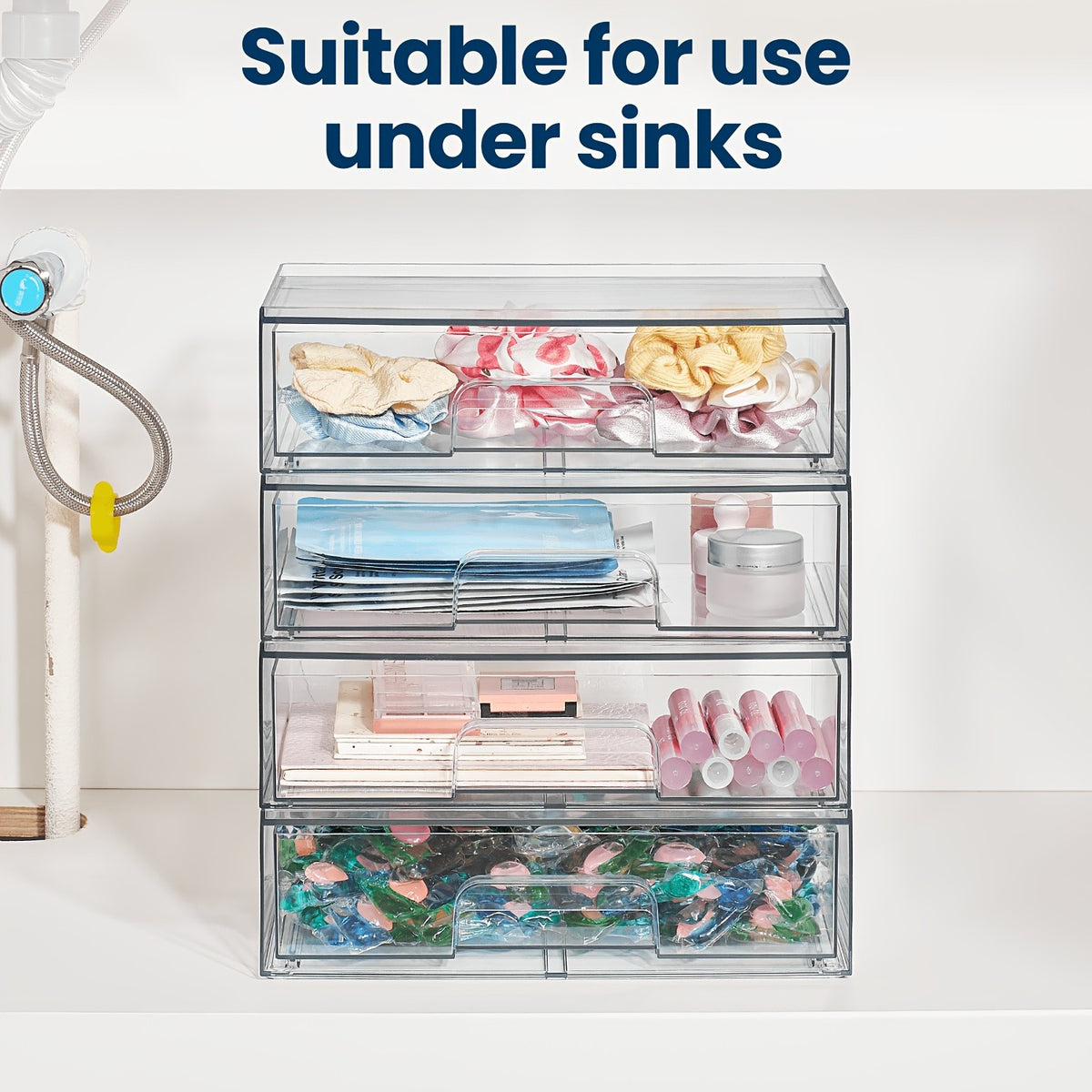 Clear Stackable Storage Drawers in Two-Pack Wide or Four-Pack Wide and High Options, Acrylic Desk Organizers for Office Supplies, Vanity Items and Art Materials