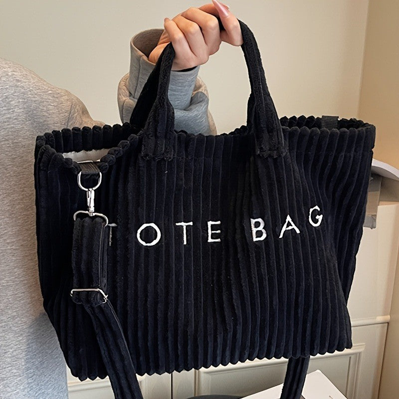 Letter Pattern Corduroy Tote Bag for Women with Adjustable Shoulder Strap and Listed Color-Block Design, Beige, Black, Green or Pink for Work, Shopping and Casual Outings