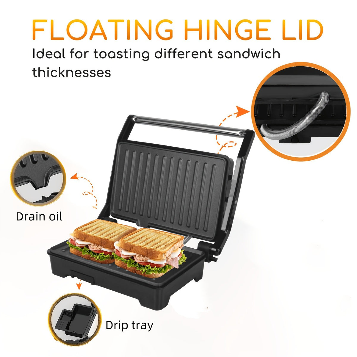 Silvery Panini Press Grill and Sandwich Maker with Listed 1000W Power, Nonstick Plates, Drip Tray, Floating Hinge and 180-Degree Opening for Home Cooking