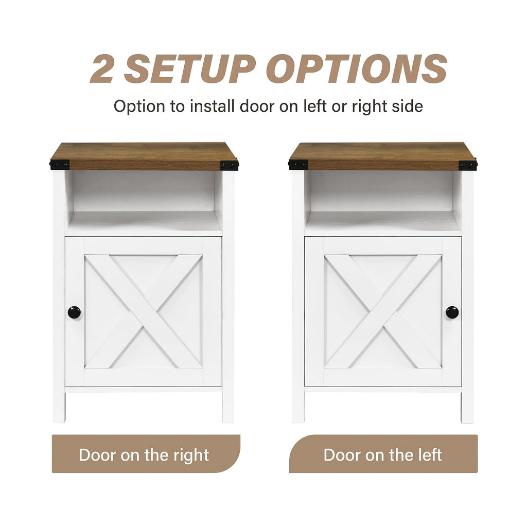 Farmhouse Nightstand by OAKSTEAD with Barn Door and Shelf, Five Colors and Single or Two-Table Packs for Bedside Essentials, Living Room and Entryway Storage