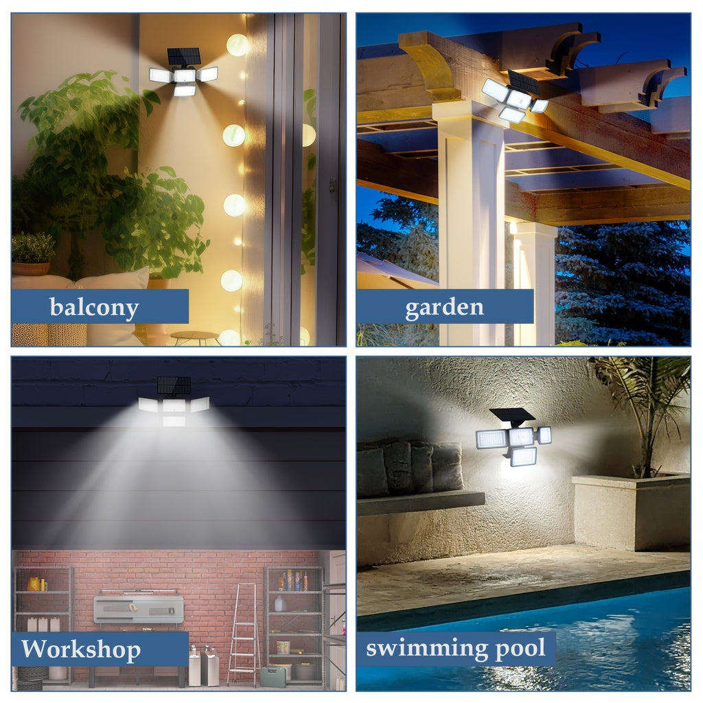 Four-Head Solar Motion Sensor Outdoor Lights, 2-Pack 288 LED Floodlights with Remote Control, 4 Lighting Modes and IP65 Rating for Yard, Patio and Garage