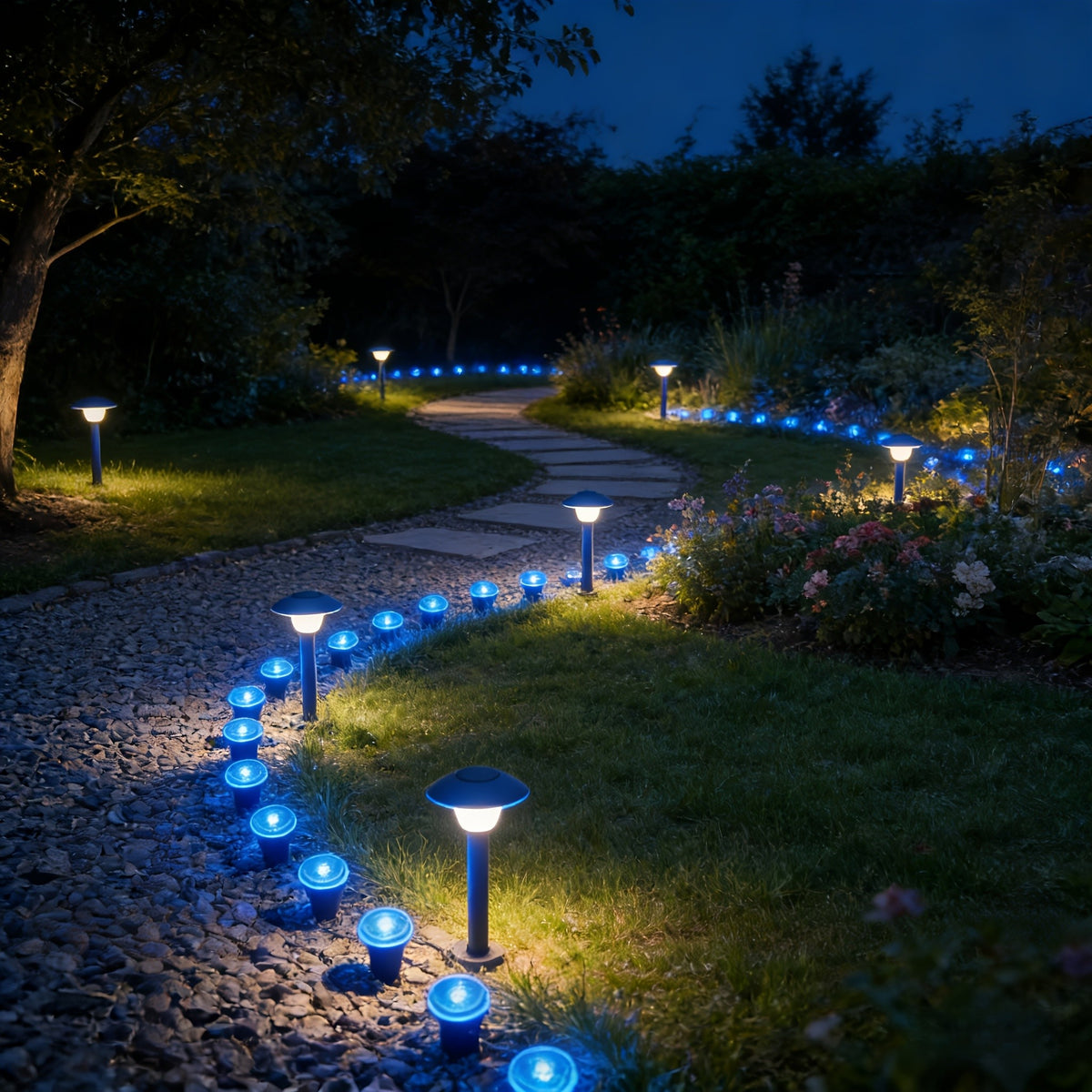 Purple or Blue Solar Lawn Stake Lights, 30 LED Style Options with Listed IP44 Rating for Garden Paths, Courtyards, Outdoor Parties and Wedding Decor