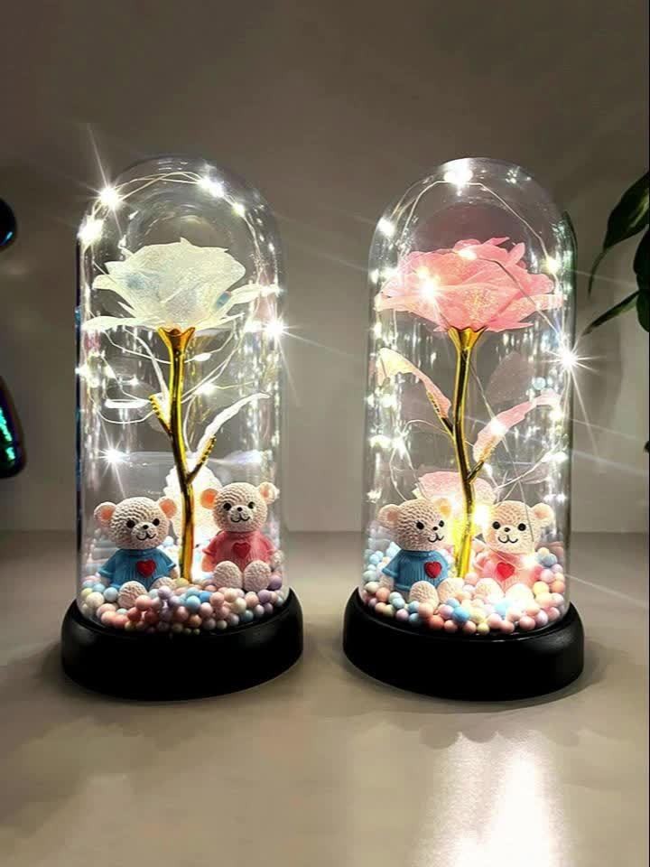 Rose Flower Dome Decoration with Illuminated, Glitter and Colorful Style Labels, Foam Ball Accents and Selected Two-Bear Designs for Tabletop Gifts