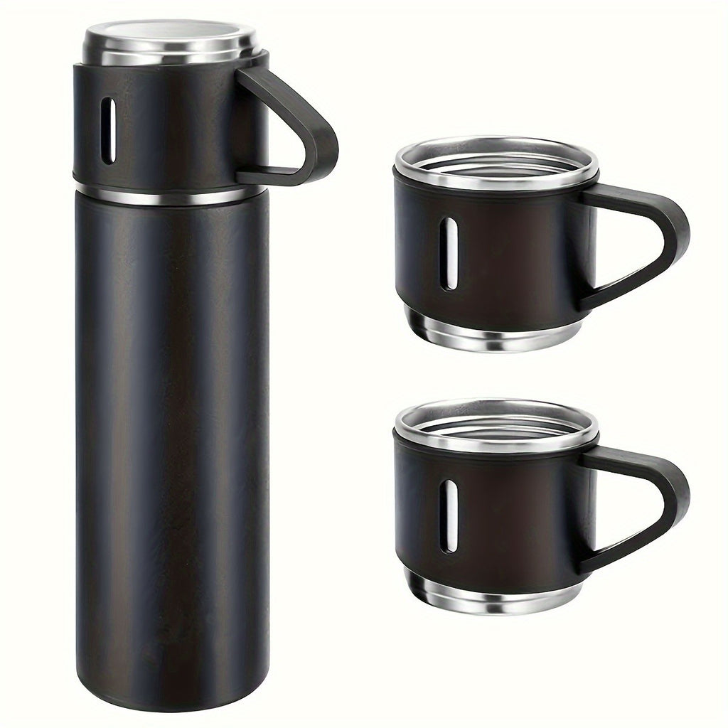 Insulated Bottle and Cup Set with Listed 500ml Stainless Steel Bottle and Three Small Cups, Six Color Options for Work, School and Everyday Beverage Carry