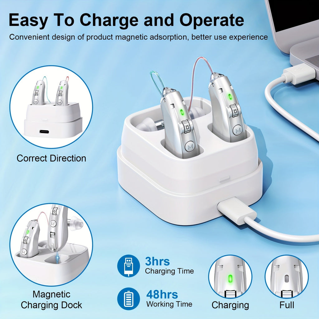 Silver Rechargeable Hearing Aids, Listed One-Pair Behind-the-Ear Devices with Volume Adjustment, Frequency Controls and USB Charging Case for Adult Listening Needs