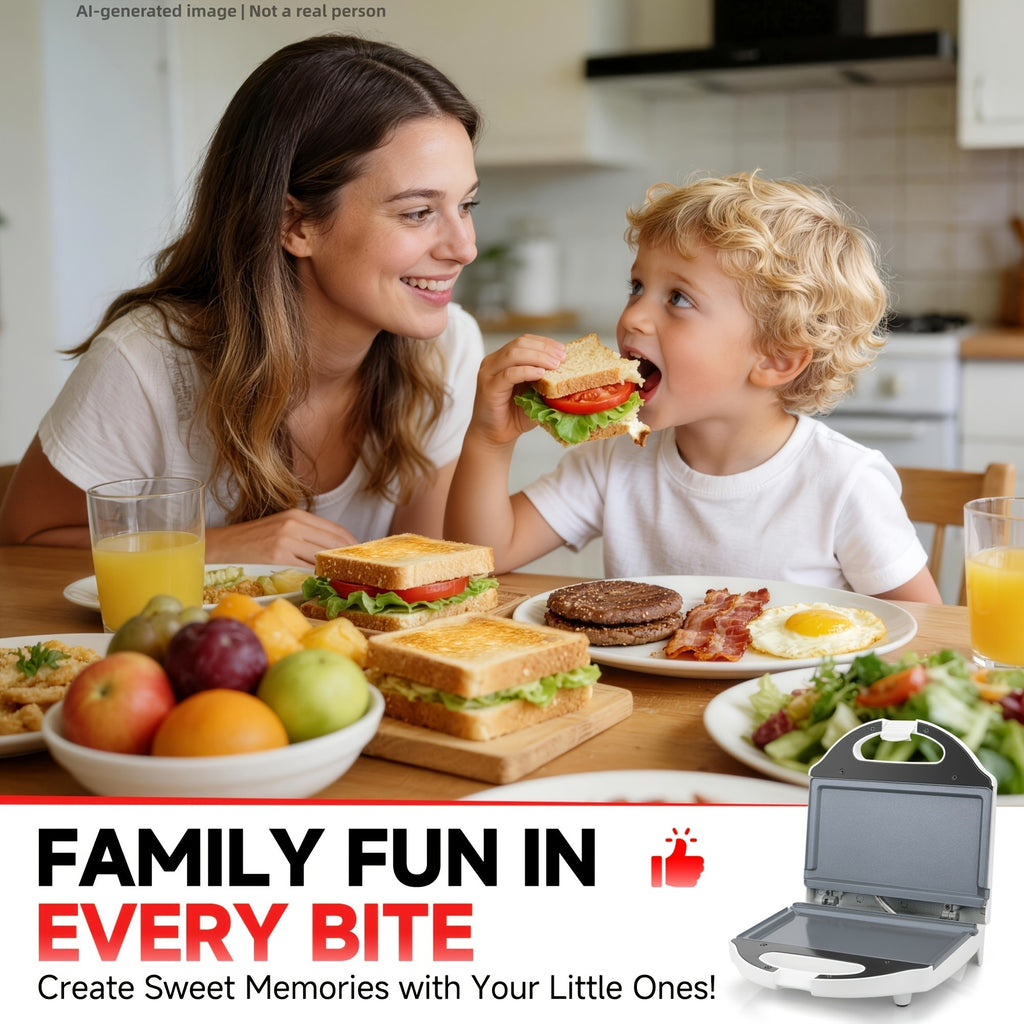 Compact Electric Grill in White with Double-Sided Heating, Listed Ceramic Coating and Heat-Resistant Handle for Sandwiches, Eggs and Home Breakfast Preparation