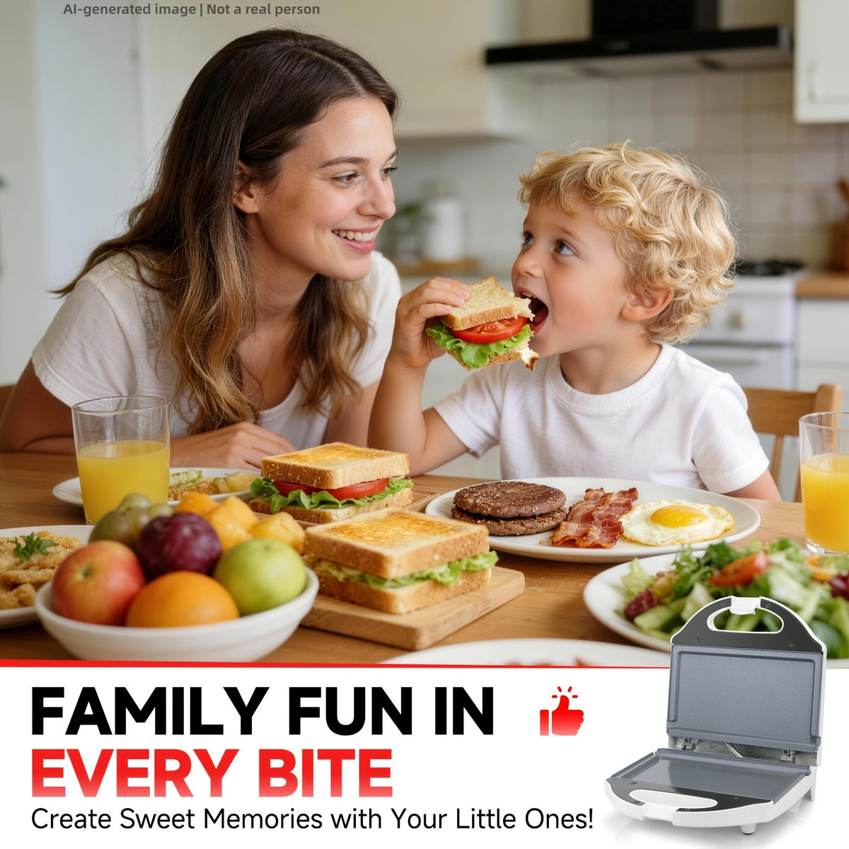 Compact Electric Grill in White with Double-Sided Heating, Listed Ceramic Coating and Heat-Resistant Handle for Sandwiches, Eggs and Home Breakfast Preparation