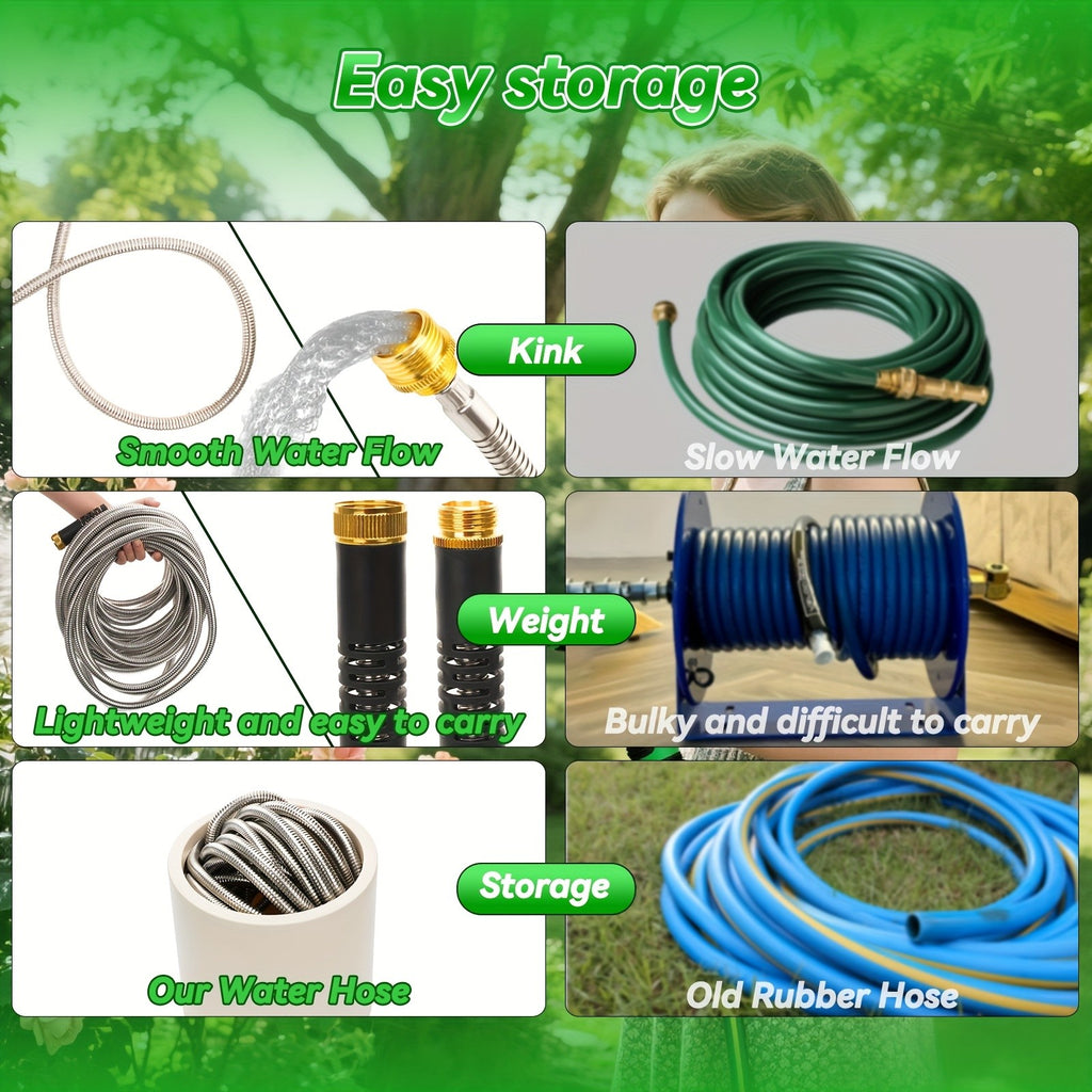 Metal Outdoor Watering Hose with Listed Stainless Steel Design, 50ft or 100ft Options and Ambiguous Three-Fitting and Ten-Function Nozzle Wording for Garden Care