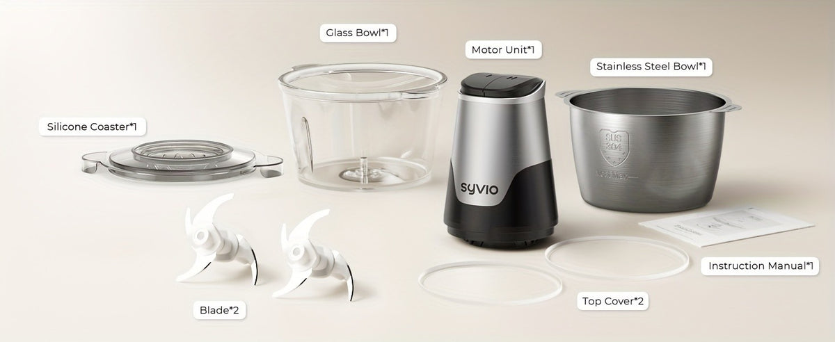 450W Two-Bowl Food Processor with Two Speed Settings and Four Bi-Level Blades, Electric Meat and Vegetable Chopper for Onions and Everyday Meal Prep