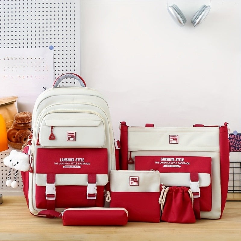 Student Backpack Set of 5 in Solid Colors with Listed Handbag, Coin Purse, Crossbody Bag and Pencil Case for Teen Back-to-School and Everyday Carry
