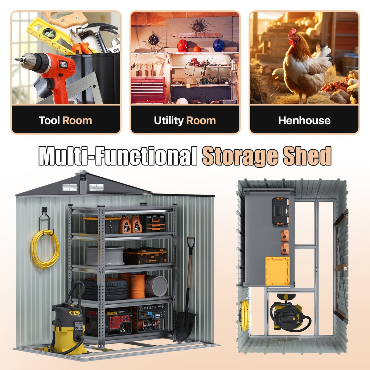 Metal Garden Storage Shed, 6 x 4 FT Class Outdoor Tool Building with Galvanized Steel Frame, Padlock-Ready Doors, Sloped Roof and Vents for Backyard Organization