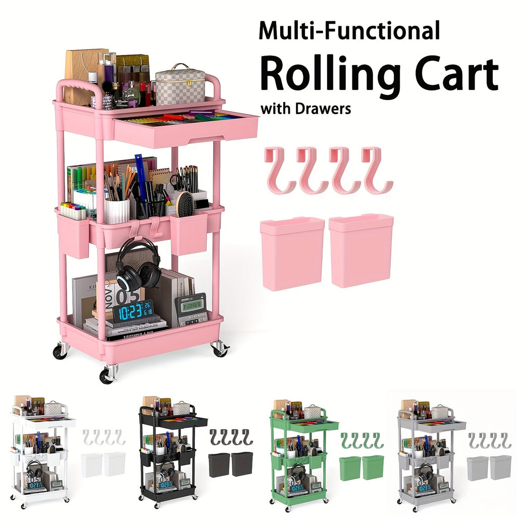 Three-Tier Rolling Storage Cart with Drawer, Plastic Organizer with Lockable Wheels, Listed Cup Holders and Hooks in Five Colors for Kitchen, Bathroom and Office