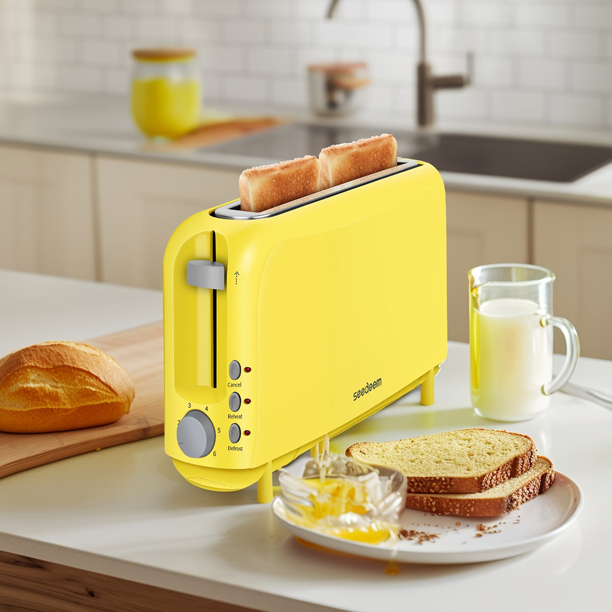 Six-Shade 2 Slice Toaster with 750W Heating, Cancel, Reheat and Defrost Functions, Removable Crumb Tray and Six Color Options for Home Breakfast Preparation