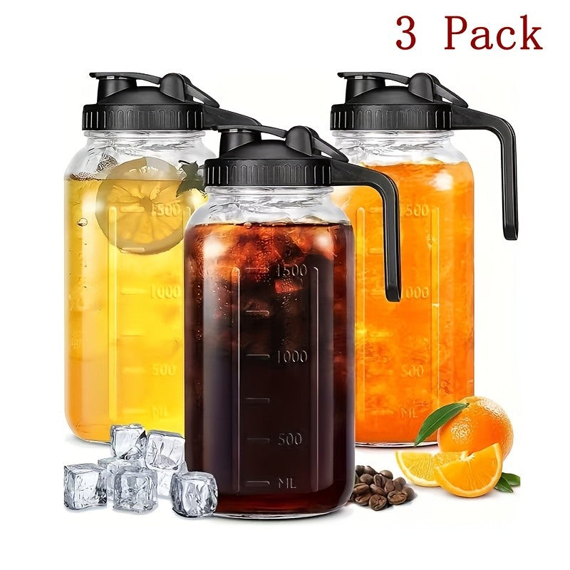 64oz Glass Pitcher with Handle and Pour Spout Lid, Wide Mouth Mason Jar Water Jug in 2-Pack, 3-Pack or Cup Set Options for BBQs and Fridge Storage