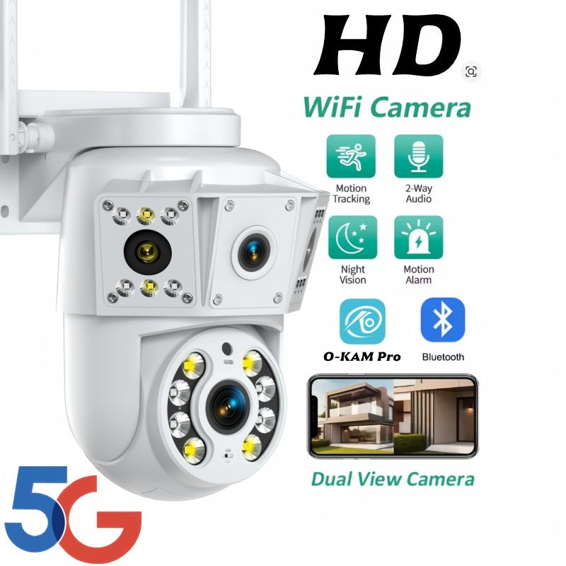 Dual-Band WiFi Surveillance Camera with Listed 6MP Dual Lenses, Human Tracking, Color Night Vision and Two-Way Audio in White for App-Based Home Monitoring