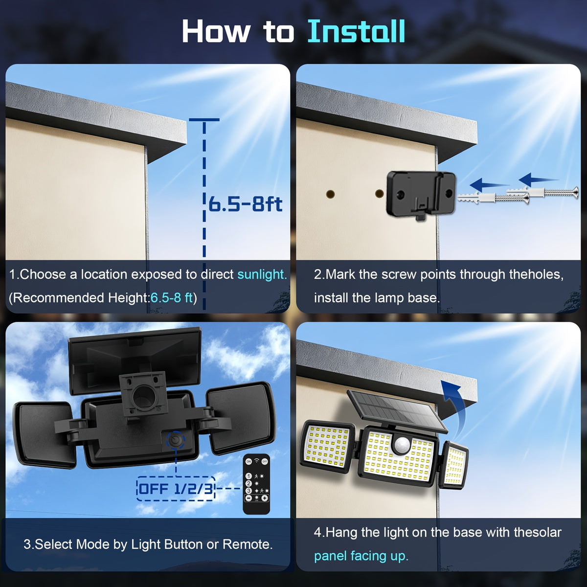 Solar Outdoor Motion Sensor Lights with Remote-Control Options, Two-Piece Pack or Upgraded Four-Head Single Light for Yard, Patio and Garage Exteriors