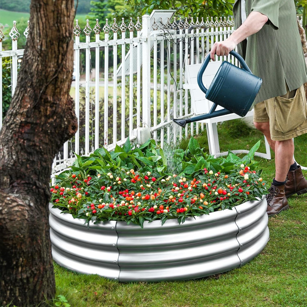 Galvanized Garden Planter Set with Listed Shovel, One or Two Metal Raised Beds with Oval or Round Design References for Outdoor Vegetable Gardening