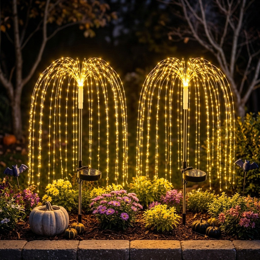 Solar Willow Branch Lights, 2-Piece LED Garden Decor with 100 LEDs and 8 Twinkling Modes for Patios, Courtyards, Pathways, Weddings and Holiday Displays