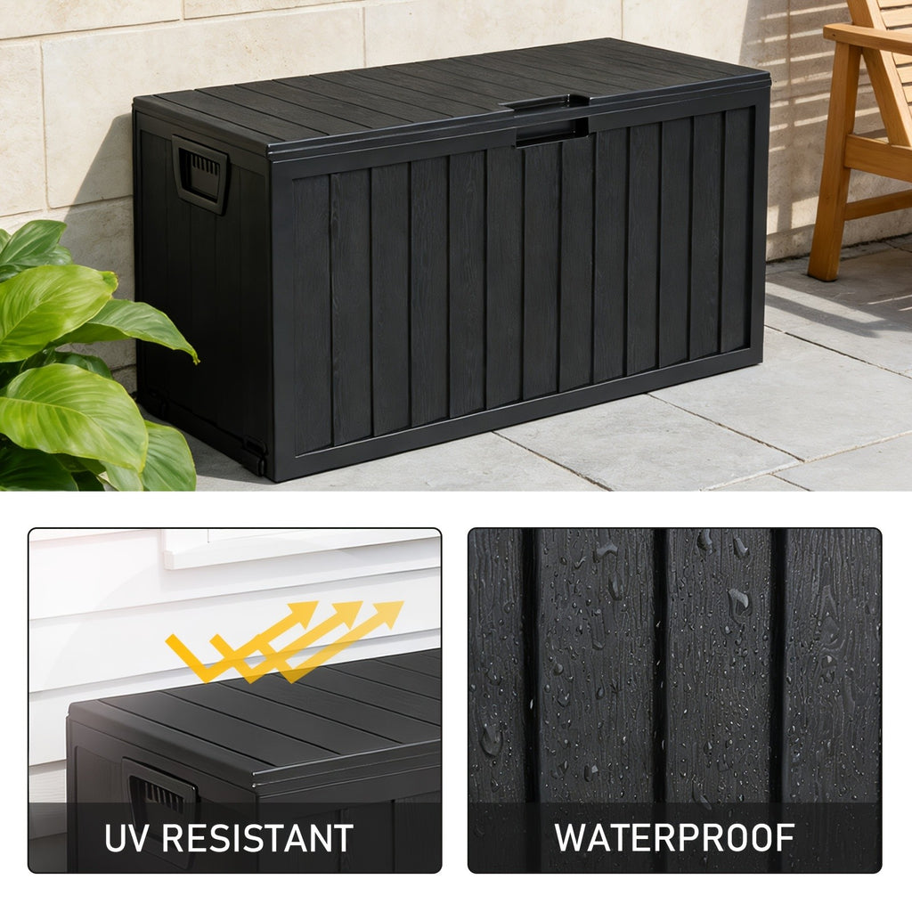 Outdoor Deck Storage Box in Black with Listed 75-Gallon Capacity, Locking Hole and Bottom Casters for Organizing Compatible Patio, Porch and Garden Essentials