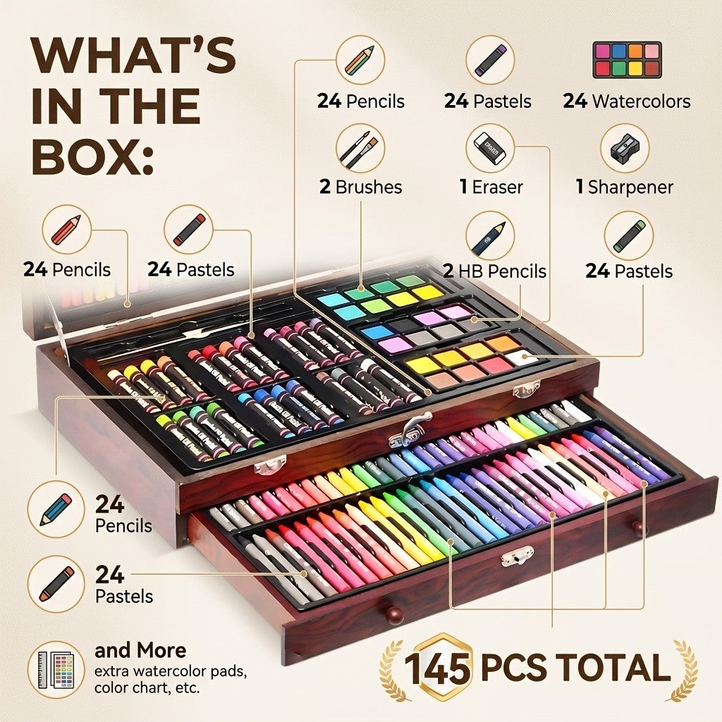 Wooden Case Art Set, 145-Piece Three-Layer Selection with Crayon, Oil Pastel, Watercolor Cake and Colored Pencil References for Drawing and Painting