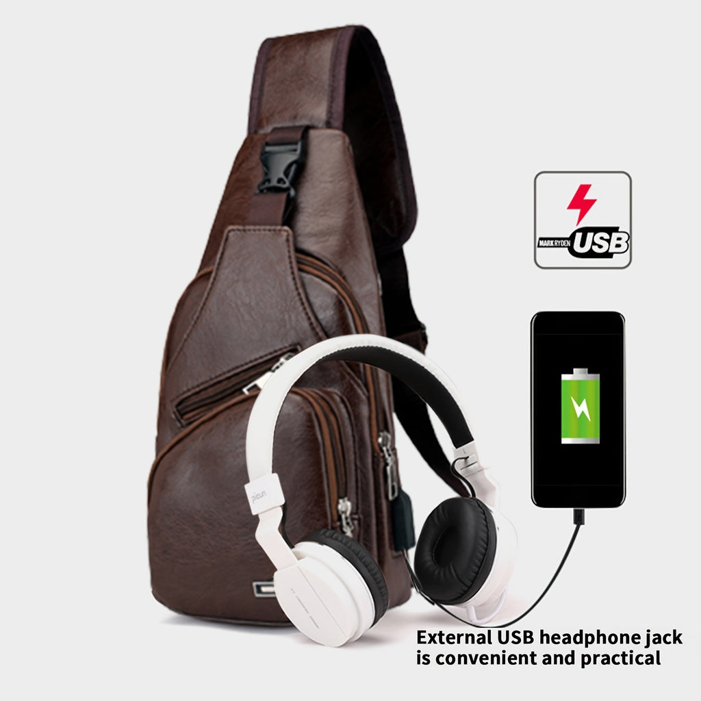 PU Leather Sling Bag for Men and Women with Adjustable Shoulder Strap, Zippered Pockets and Earphone Opening for Daily Walking, Hiking and Travel
